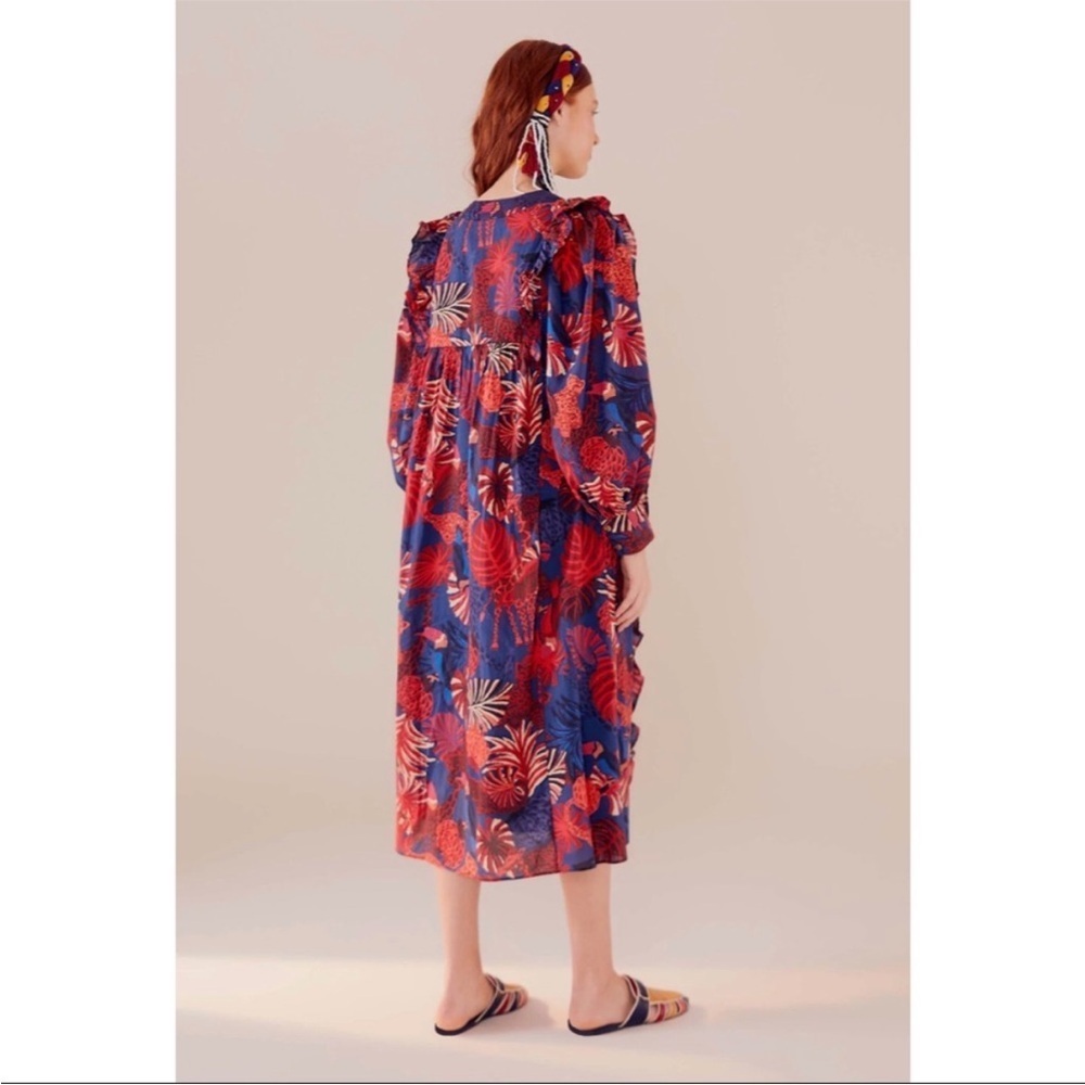 NWOT FARM RIO Red Blue Animal Tapestry Midi Tropical Flare Puff Sleeve Dress XS - Picture 3 of 9